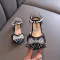 Elegant black girls princess shoes with sparkling rhinestone bow and pearl strap detail. - 21 / Black
