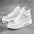 White cowhide high-top casual sneakers with crocodile pattern and gold toe cap - 42 / White