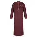 Front view of traditional burgundy men's thobe with gold ethnic embroidery details. - Burgundy / 2XL