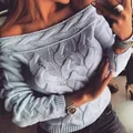 Detail view of light blue off-the-shoulder cable-knit sweater with textured patterns - S / Tops / Light Gray
