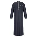 Men's traditional long robe featuring detailed embroidery on stand collar and chest pocket - Gray / 2XL