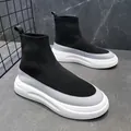 Men's high-top breathable knit sock sneakers in black and grey with a thick white sole - Black and Gray