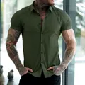 Muscle fit olive green short sleeve shirt with stretch fabric for athletic builds - Army Green
