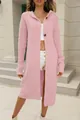 Detailed view of women's long pink hooded knit cardigan featuring button-down design - S / Tops / Pink