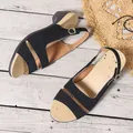 Summer black open-toe wedge sandals for women with elegant ankle strap buckle design - Black
