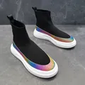 Stylish men's high-top knit sock sneakers with iridescent trim and breathable fabric - Black Multi-color