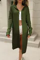 Detailed view of long-sleeved olive green hooded long knit cardigan worn by model - Army Green