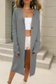 Detail view of a long grey hooded knit cardigan for women with decorative buttons - Gray