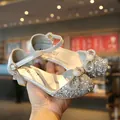 Silver glitter girls' dance shoes with rhinestone bow and ankle strap detail - 26 / Bowknot Crystal Shoes (V77) / Silver