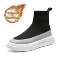 Men's black fleece-lined high-top knit sock sneakers with comfy thick white soles - 38 / Black Grey Fleece Lined