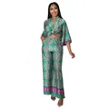 Detailed view of women's green paisley printed silk-like two-piece set with wide-leg pants - Green
