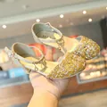 Sparkly gold sequined girl's crystal shoes with ankle strap and star charms for dance - 26 / Pendant Rhinestone Shoes (V76) / Gold