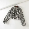 Women's leopard print plush sweatshirt with stand collar and adjustable drawstring hem - S / Tops / Black