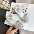 Elegant silver glitter girls princess shoes with pearl chain strap for stage performance - Size 26-30 (Pack of 5) / Pearl Chain Rhinestone Princess Shoes (V73) / Silver