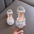 Sparkling silver girls princess shoes with an elegant bow and faux pearl details. - 21 / Silver