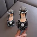 Elegant girls' black princess shoes with sparkly crystal bows and pearl straps for dress wear. - 21 / Black