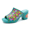 Sandales vintage en cuir faites à la main avec imprimé floral et talon épais confortable - 36 / Vert émeraude