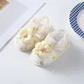 Detailed view of yellow floral baby girl sandals with 3D flower decoration and soft sole - Yellow