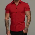 Premium slim fit red muscle stretch shirt for men with short sleeves and black buttons - Red