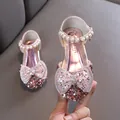 Elegant sparkly pink girls princess dress shoes with large glitter bow and pearl strap - 21 / Pink