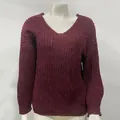 Detailed view of women's burgundy V-neck knit sweater with thick textured stitching - S / Tops / Burgundy