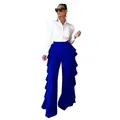 Pantalón ancho azul con volantes y camisa blanca con mangas abullonadas elegante - Azul real