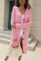 Close-up detail of a pink long hooded knit cardigan for women with button closures - S / Tops / Pink
