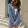 Women's blue waffle knit long sleeve loose open front cardigan sweater for autumn - Blue