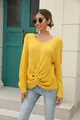 Stylish yellow V-neck knitted sweater for women featuring a chic front twist knot. - S / Tops / Yellow
