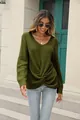 Close-up detail of stylish olive green V-neck knit sweater with a front twist knot. - S / Tops / Army Green