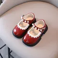 Red patent leather Mary Jane shoes for girls with pearl straps and scalloped lace trim - Burgundy