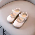 White patent leather toddler Mary Jane shoes with pearl straps and scalloped trim - Off White