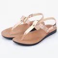 Stylish metallic rose gold T-strap sandals for women with decorative perforations - 35 / Champagne