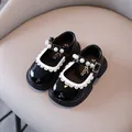 Elegant black patent leather Mary Jane shoes for girls with pearl strap and lace trim - Black