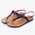 Stylish brown T-strap sandals for women with laser-cut detailing and non-slip sole - 35 / Burgundy