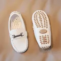 Elegant white leather toddler loafers featuring a metallic buckle and durable non-slip sole - 21 / White