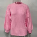 Elegant pink ribbed knit sweater for women, casual crewneck long sleeve warm top - S / Tops / Pink
