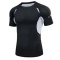 Men's black quick-dry athletic compression short-sleeve T-shirt for fitness gym. - S / Tops / Black White Mesh Stitching