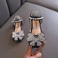 Elegant black girls' princess shoes with sparkling rhinestone butterfly and pearl strap - Black