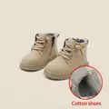 Bottes Martin beiges pour tout-petits avec doublure en peluche grise chaude d'hiver - Taille 16 (Longueur intérieure 12.5cm) / Khaki (Doublé Polaire)