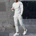 Men's casual white two-piece sport set with long sleeve t-shirt and drawstring joggers - M / Top And Bottom / White