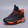 Boys' high-top basketball shoes in black and orange with breathable mesh and 24 print - 28 / Black