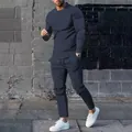Navy blue men's casual tracksuit featuring a long sleeve t-shirt and matching joggers - M / Top And Bottom / Navy Blue