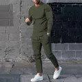 Casual men's two-piece olive green sports tracksuit with long sleeve top and pants - M / Top And Bottom / Army Green