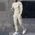 Premium beige long-sleeve casual men's sports set with matching joggers and round neck t-shirt - M / Top And Bottom / Apricot