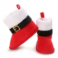 Close-up of plush red Santa Claus baby boots with white fluffy trim and belt detail - Inner Length 11cm / Santa Claus Boots Style (C-771)