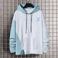 Macro view of the letter print on a color-block hooded sweatshirt - S / Tops / Blue & White