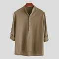 Gedetailleerd vooraanzicht van kaki shirt met lange mouwen, opstaande kraag en katoenstof - S / Tops / Bruin