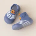 Weiche blau gestreifte Baby-Bodensocken mit Cartoon-Huhn-Design und rutschfesten Gummisohlen - Blau Gestreifte Ente