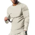 Men's loose beige long sleeve t-shirt and trousers 2-piece leisure sports set - M / Tops / Apricot